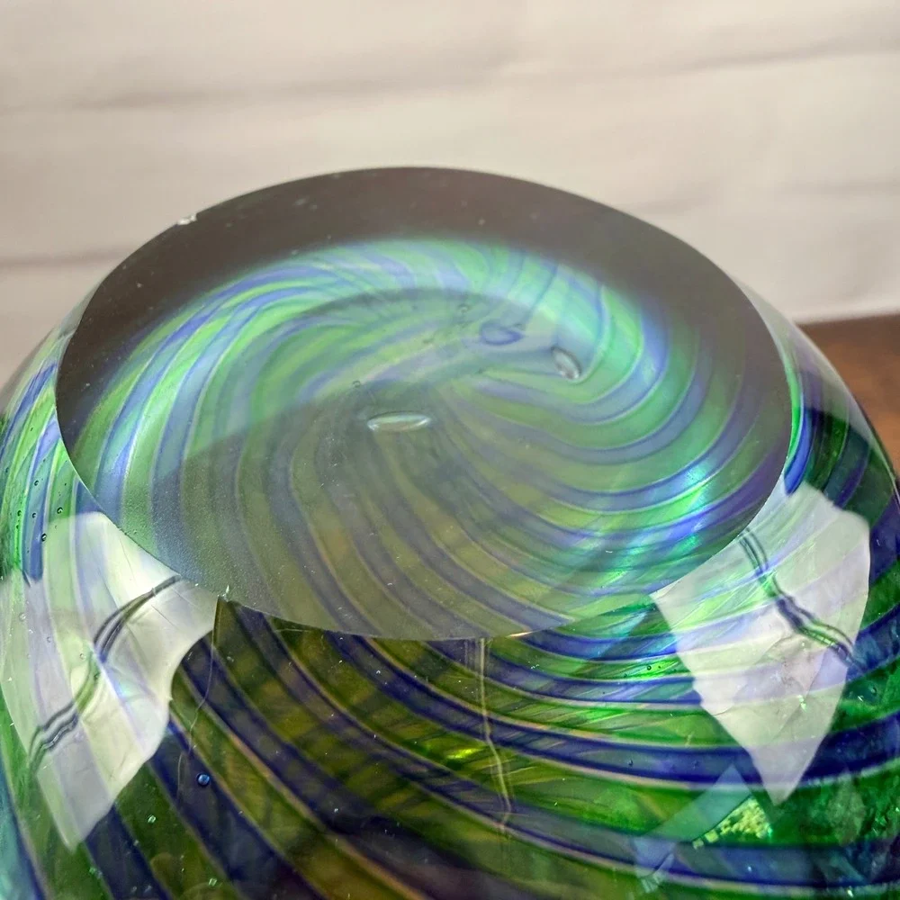 Italian Art Glass Vase Blue Green Striped Blown Glass Murano Mid Century